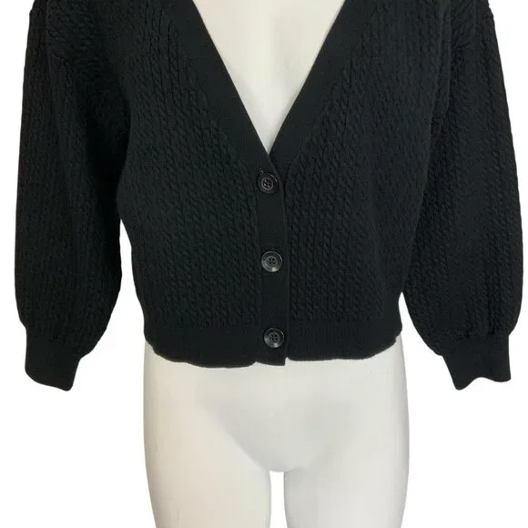 Alice + Olivia Zelina Deep V Cardigan Sweater M Black Cropped Cable Knit - Picture 9 of 12